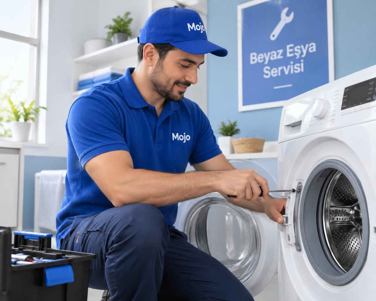 Mojo beyaz eşya servisi teknisyeni çamaşır makinesi tamiri yapıyor